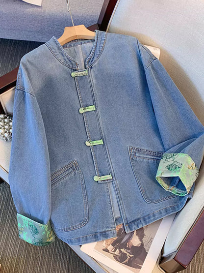 Chic Denim Jacket with Knot Closures and Chinese Embroidery