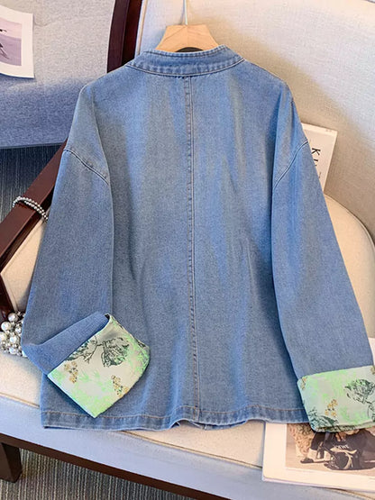 Chic Denim Jacket with Knot Closures and Chinese Embroidery