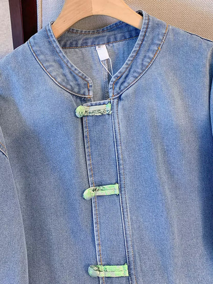 Chic Denim Jacket with Knot Closures and Chinese Embroidery