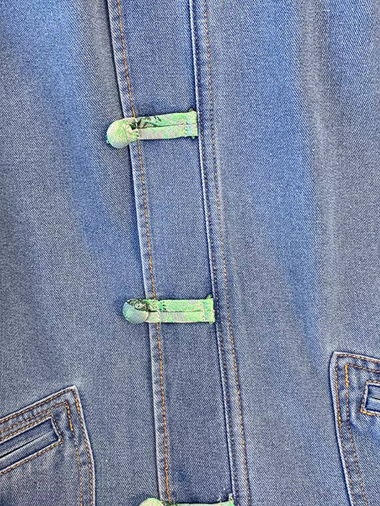 Chic Denim Jacket with Knot Closures and Chinese Embroidery