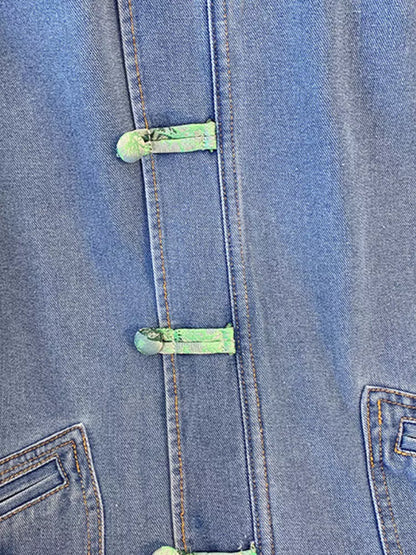 Chic Denim Jacket with Knot Closures and Chinese Embroidery