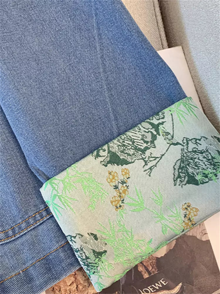 Chic Denim Jacket with Knot Closures and Chinese Embroidery