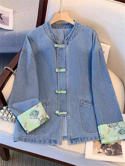 Chic Denim Jacket with Knot Closures and Chinese Embroidery
