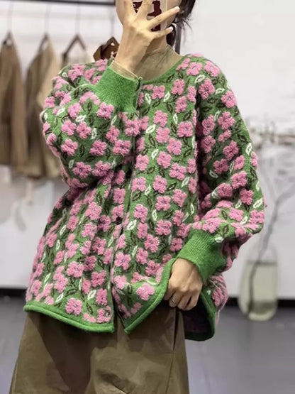 Cárdigan elegante de punto jacquard con estampado floral