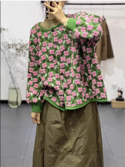 Cárdigan elegante de punto jacquard con estampado floral