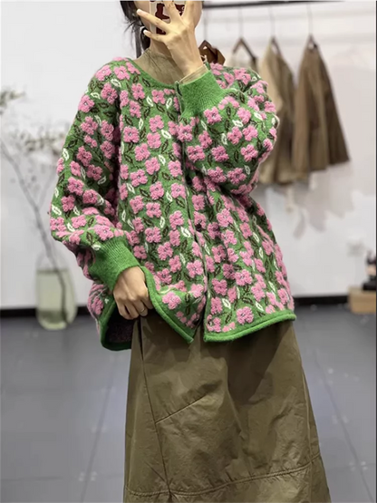 Cárdigan elegante de punto jacquard con estampado floral