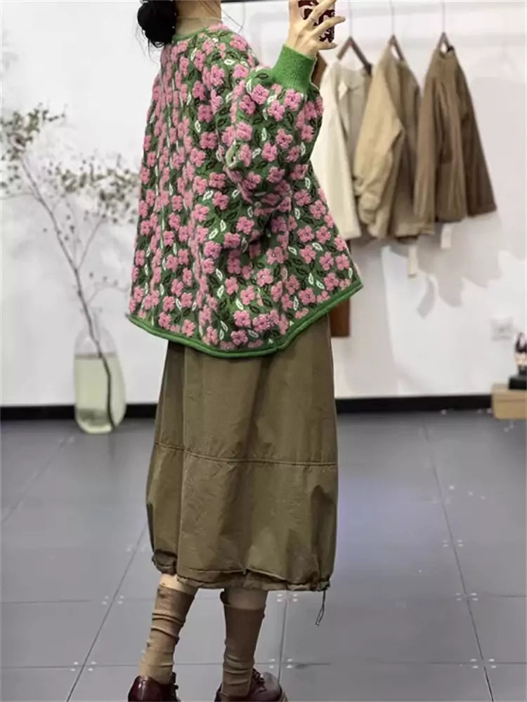 Cárdigan elegante de punto jacquard con estampado floral