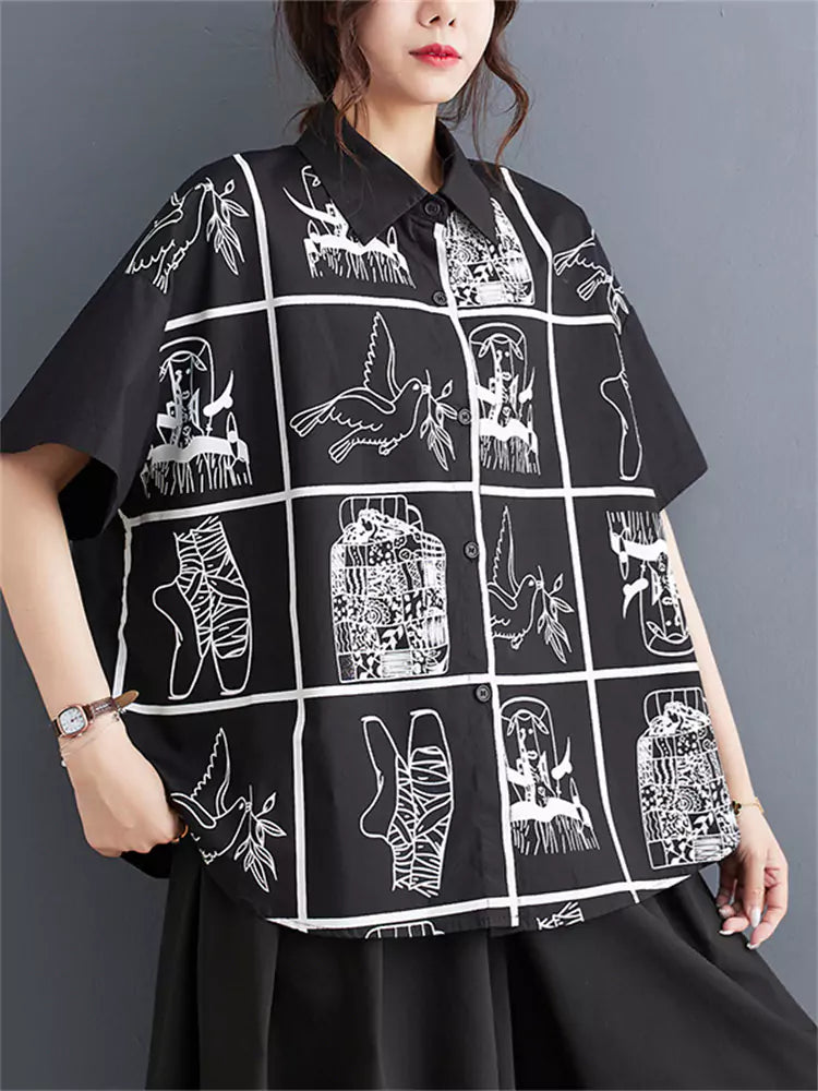 Chic Graphic Printed Shirt Blouse Short Sleeve