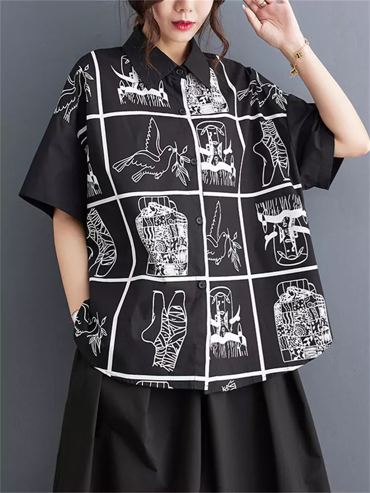 Chic Graphic Printed Shirt Blouse Short Sleeve