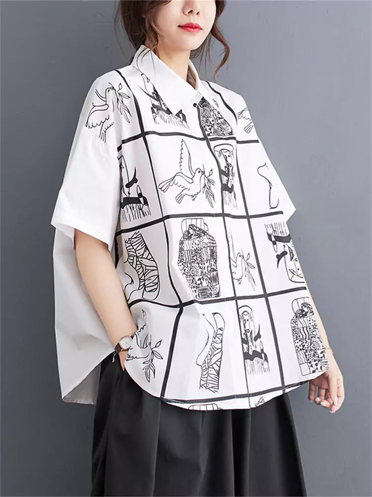 Chic Graphic Printed Shirt Blouse Short Sleeve