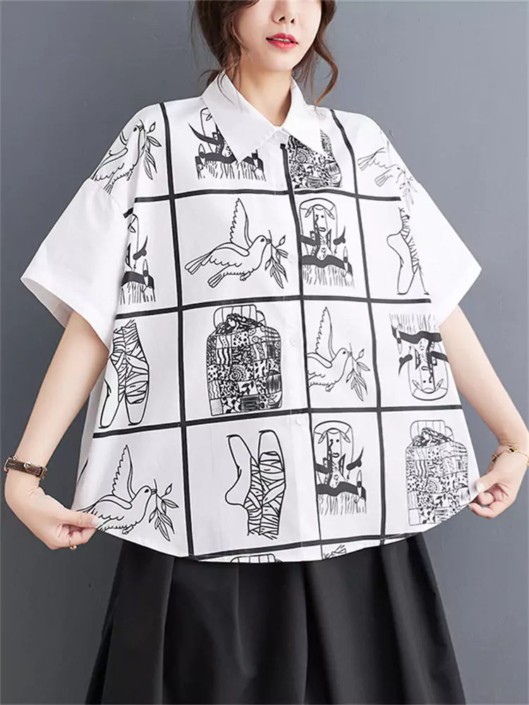 Chic Graphic Printed Shirt Blouse Short Sleeve