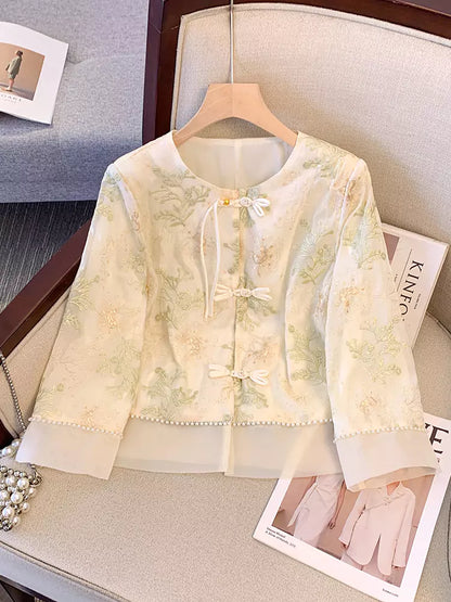 Chic Green Embroidered Chinese Style Shirt with Knot Buttons