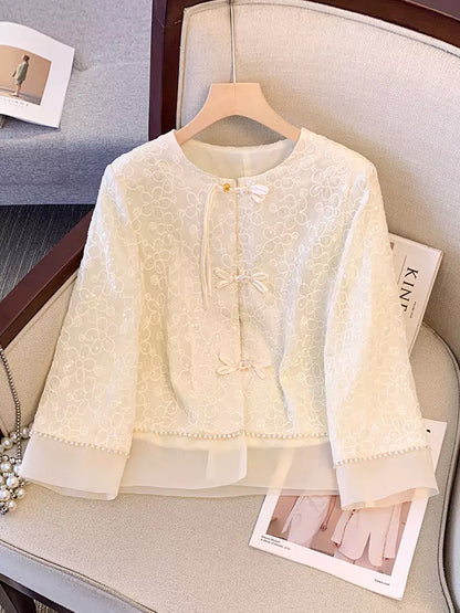 Chic Green Embroidered Chinese Style Shirt with Knot Buttons