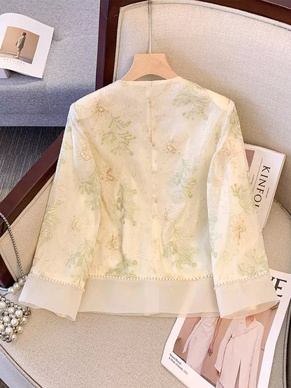 Chic Green Embroidered Chinese Style Shirt with Knot Buttons