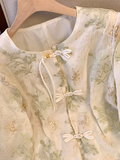 Chic Green Embroidered Chinese Style Shirt with Knot Buttons