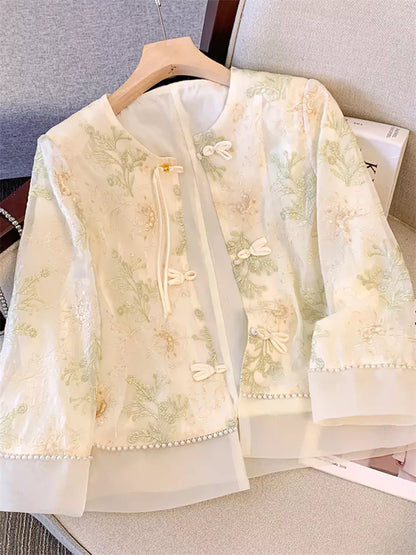 Chic Green Embroidered Chinese Style Shirt with Knot Buttons