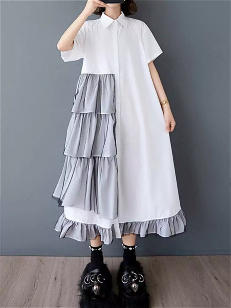 Chic Loose Summer Mesh Panel Ruched Short Sleeve Shirt Dress