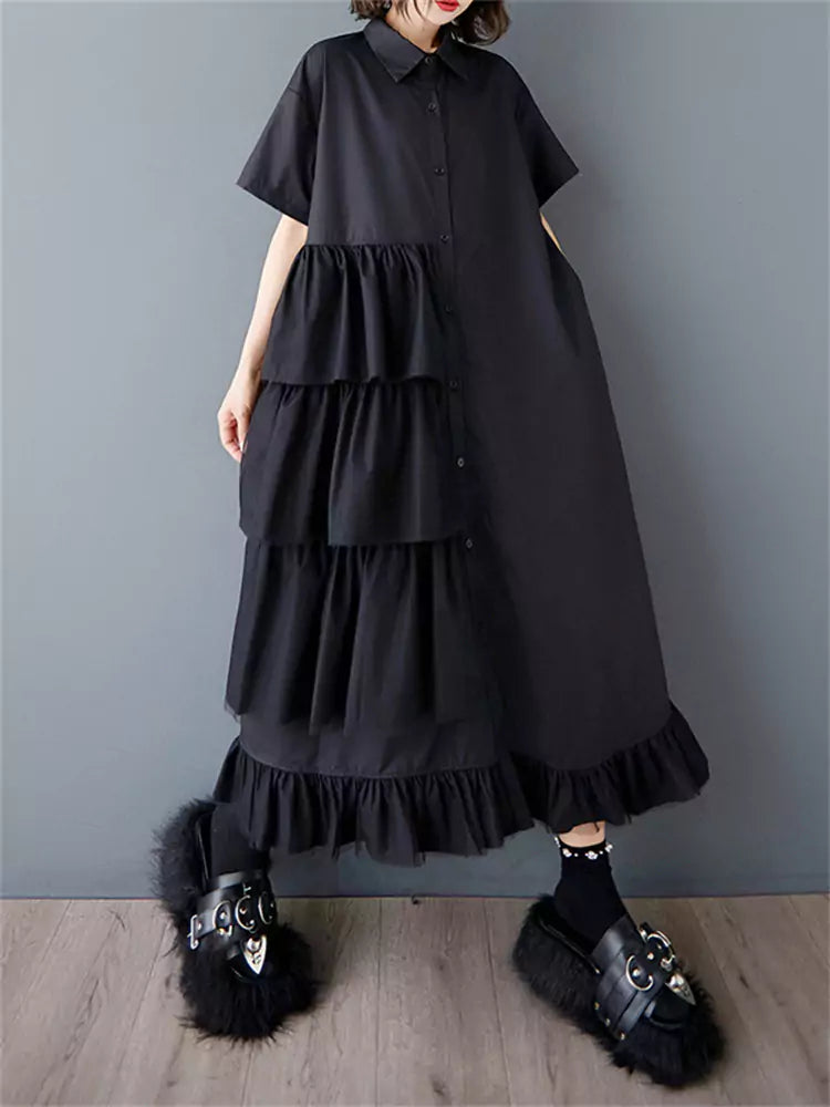 Chic Loose Summer Mesh Panel Ruched Short Sleeve Shirt Dress