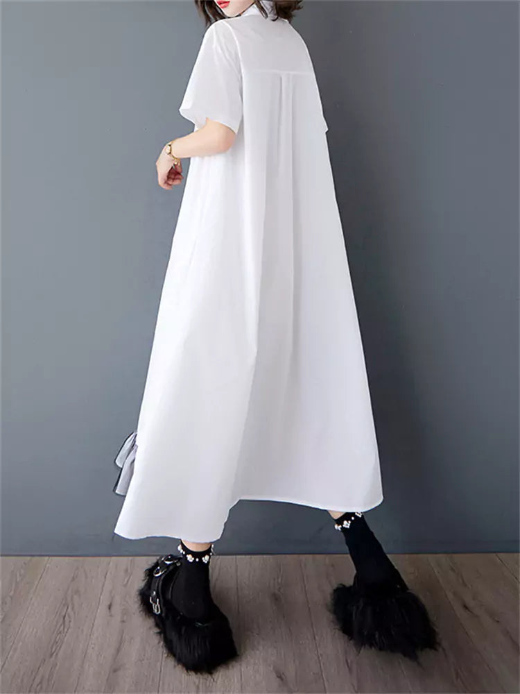 Chic Loose Summer Mesh Panel Ruched Short Sleeve Shirt Dress