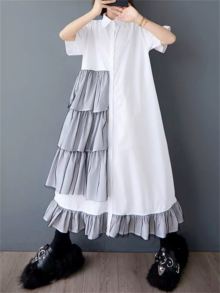 Chic Loose Summer Mesh Panel Ruched Short Sleeve Shirt Dress