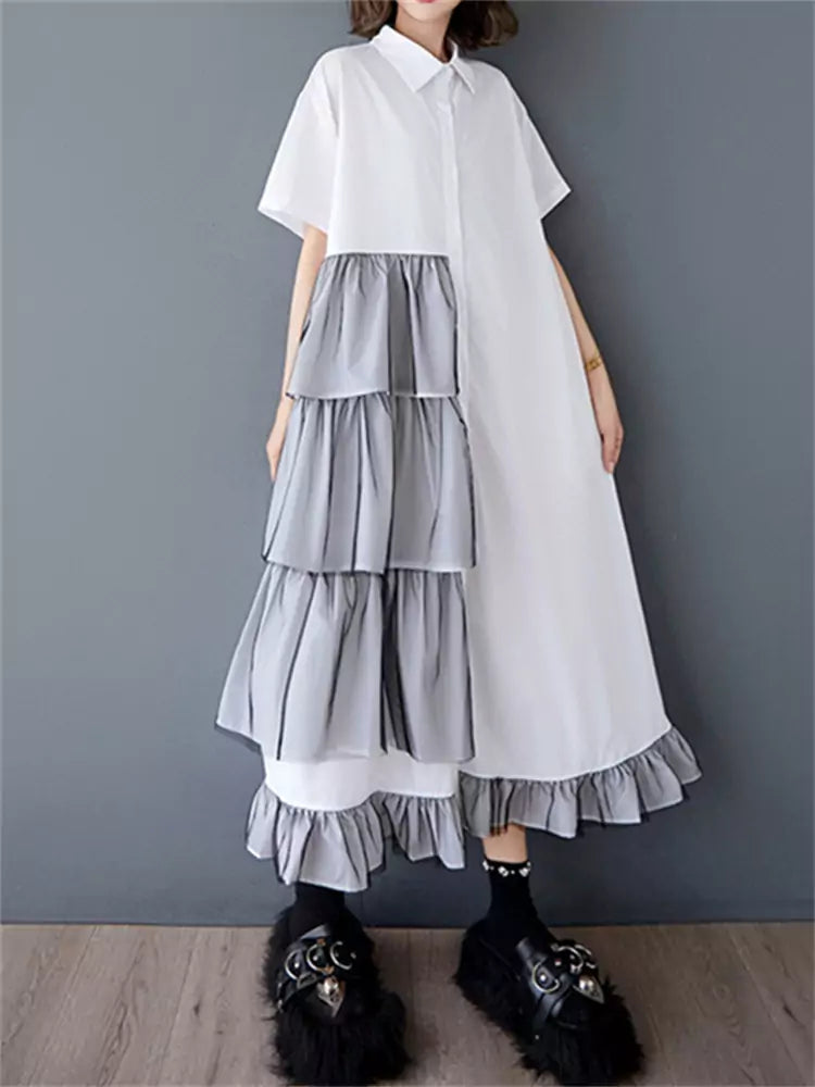 Chic Loose Summer Mesh Panel Ruched Short Sleeve Shirt Dress