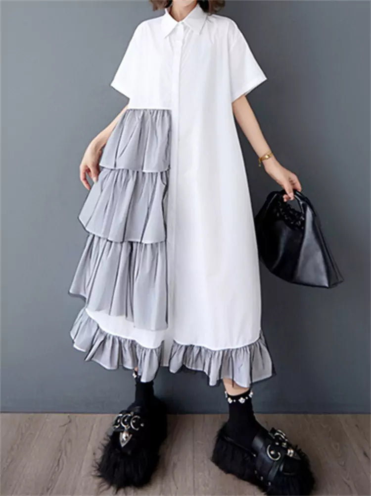 Chic Loose Summer Mesh Panel Ruched Short Sleeve Shirt Dress