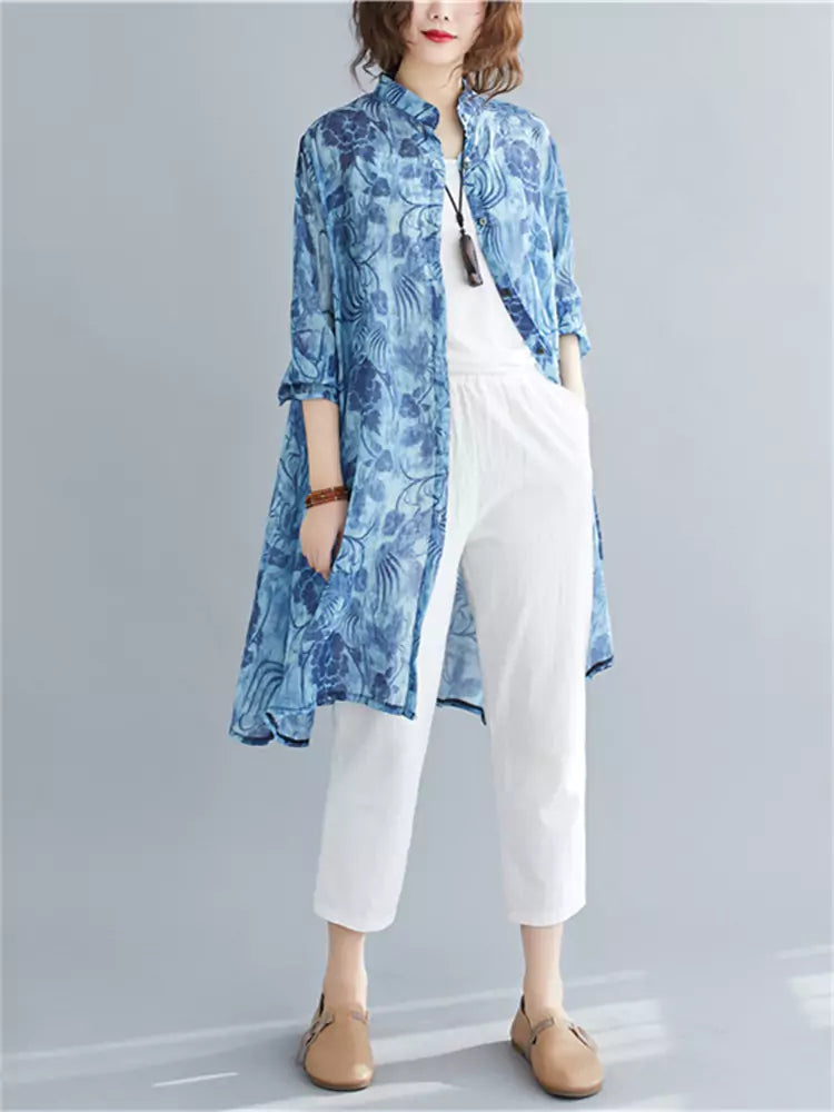  Printed Blouse with Stand Collar Loose Fit