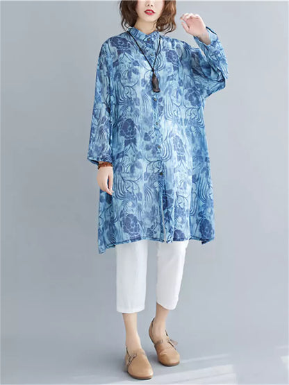  Printed Blouse with Stand Collar Loose Fit