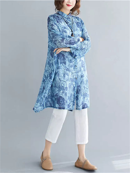  Printed Blouse with Stand Collar Loose Fit