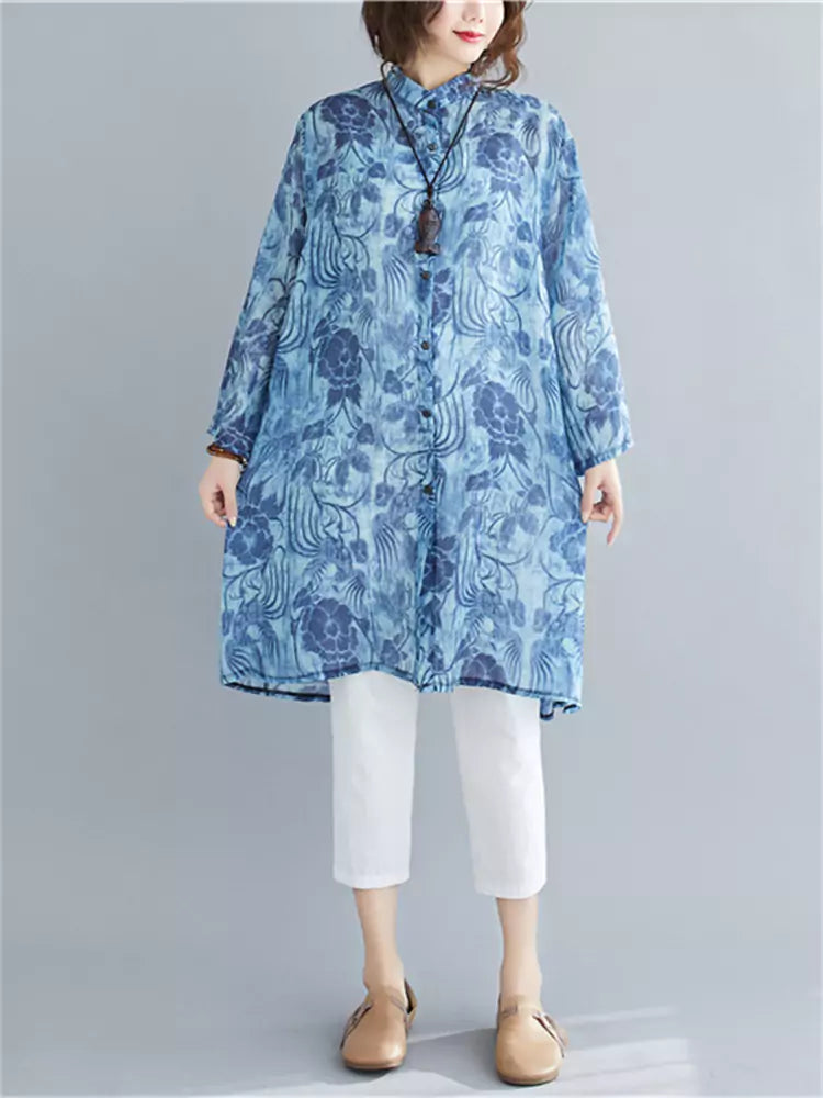  Printed Blouse with Stand Collar Loose Fit