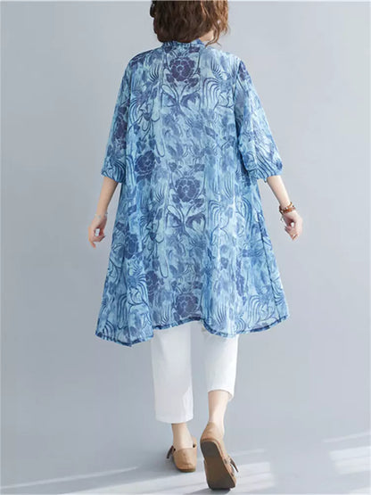  Printed Blouse with Stand Collar Loose Fit