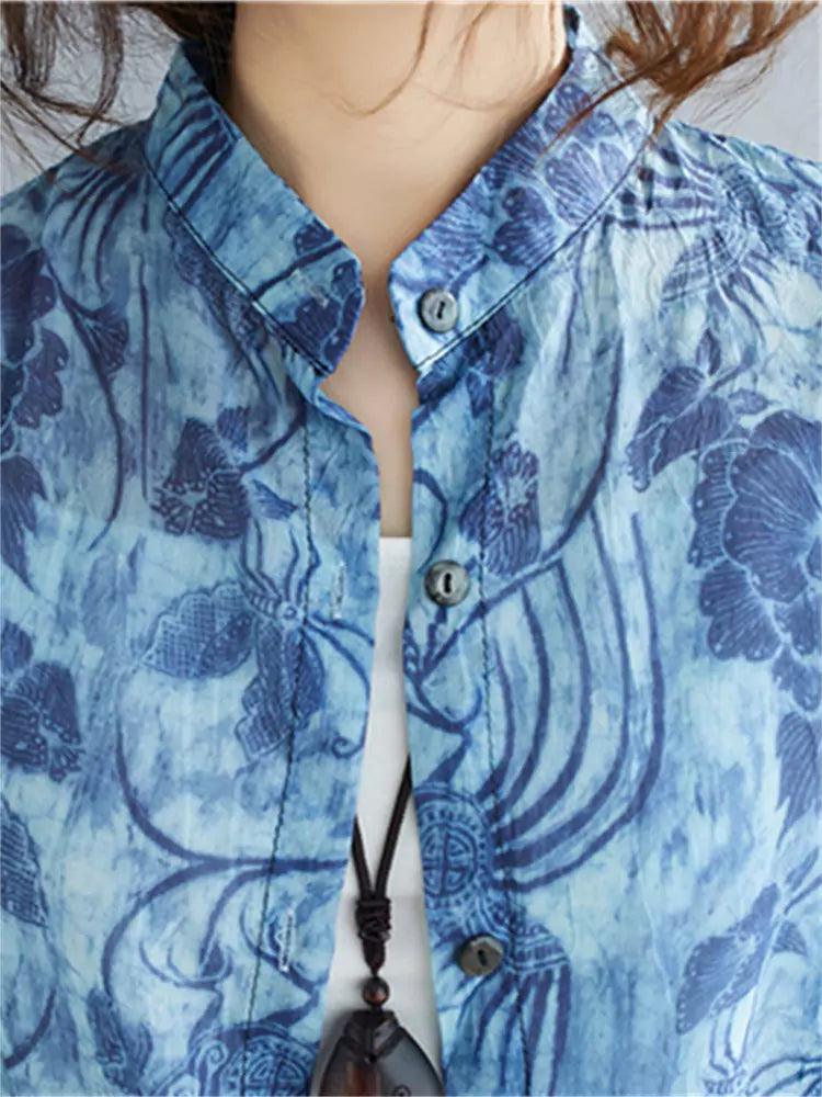  Printed Blouse with Stand Collar Loose Fit