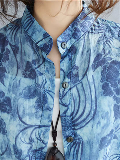  Printed Blouse with Stand Collar Loose Fit