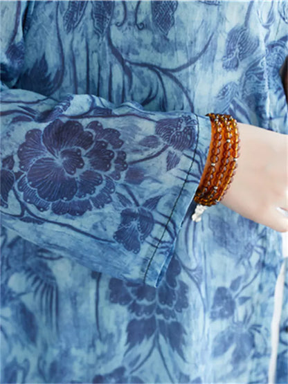  Printed Blouse with Stand Collar Loose Fit