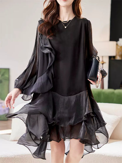 Chic Minimalist Round Neck Mesh Patchwork Long Sleeve Black Dress