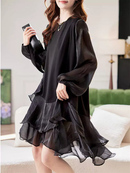 Chic Minimalist Round Neck Mesh Patchwork Long Sleeve Black Dress