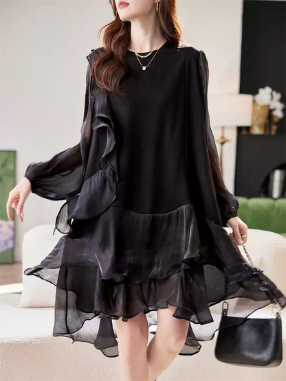 Chic Minimalist Round Neck Mesh Patchwork Long Sleeve Black Dress