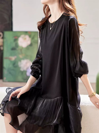 Chic Minimalist Round Neck Mesh Patchwork Long Sleeve Black Dress