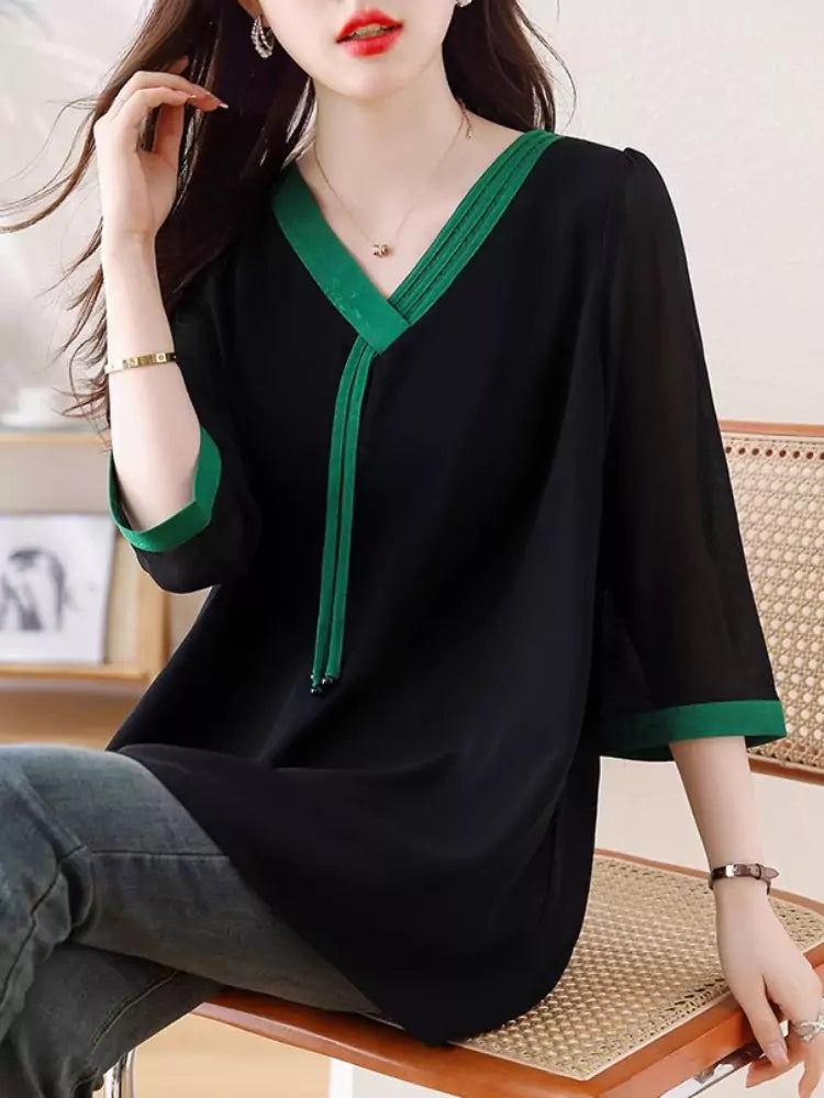 Chic Oversized Contrast Color V-neck Chiffon Blouse 3/4 Sleeve