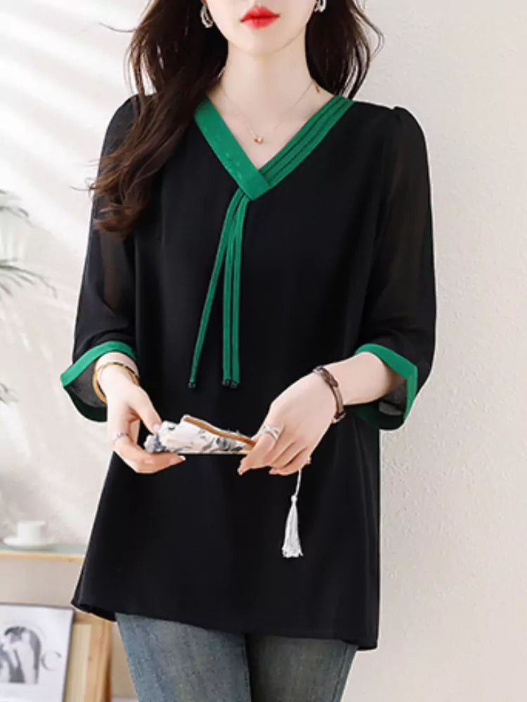 Chic Oversized Contrast Color V-neck Chiffon Blouse 3/4 Sleeve