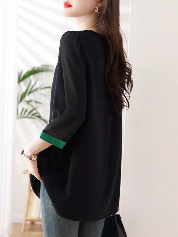 Chic Oversized Contrast Color V-neck Chiffon Blouse 3/4 Sleeve