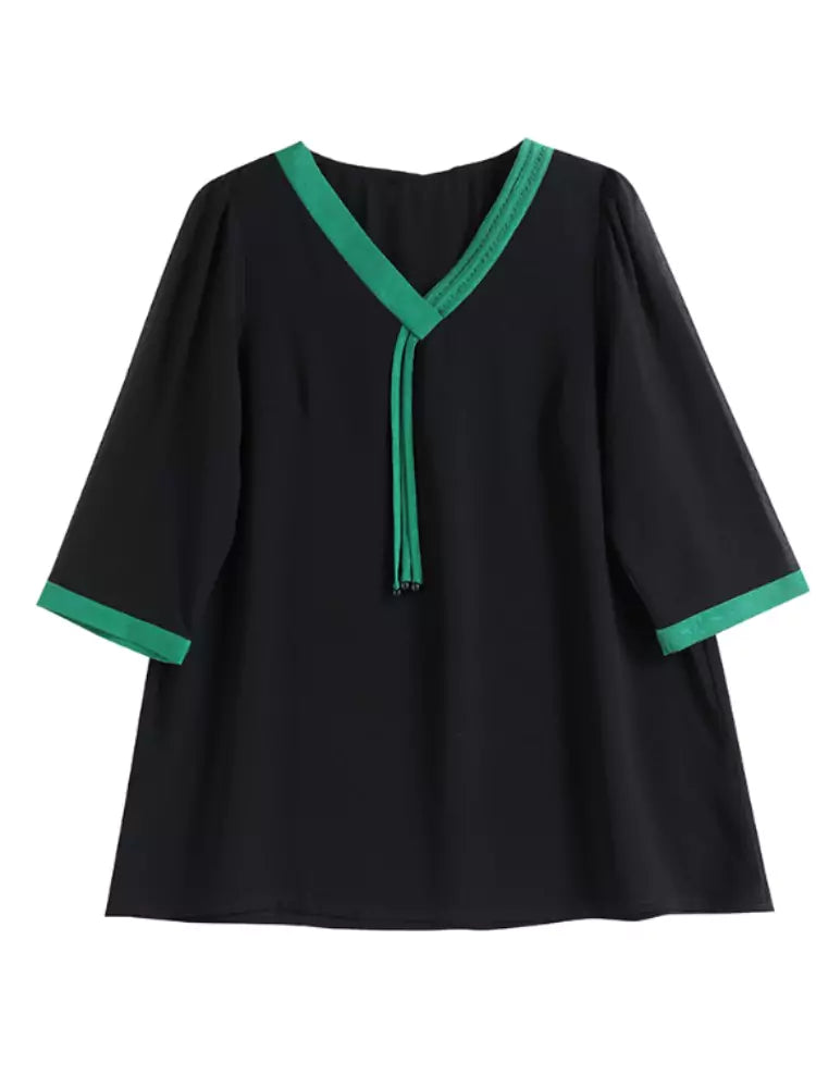 Chic Oversized Contrast Color V-neck Chiffon Blouse 3/4 Sleeve