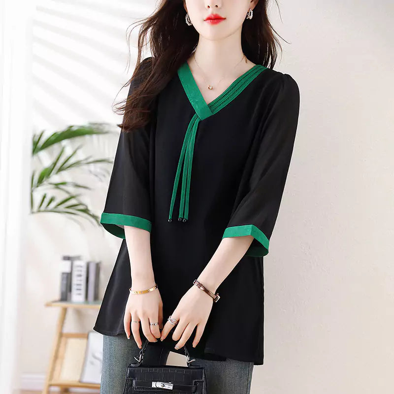 Chic Oversized Contrast Color V-neck Chiffon Blouse 3/4 Sleeve