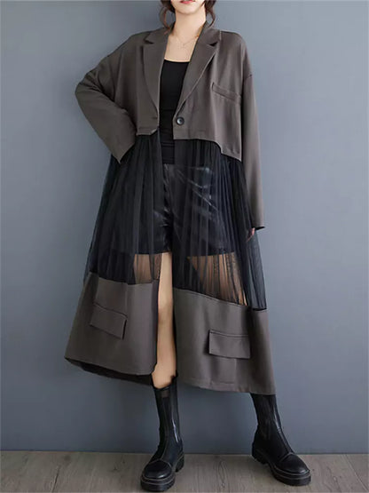 Chic Patchwork Blazer Dress with Sheer Mesh Panels