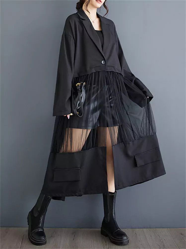 Chic Patchwork Blazer Dress with Sheer Mesh Panels