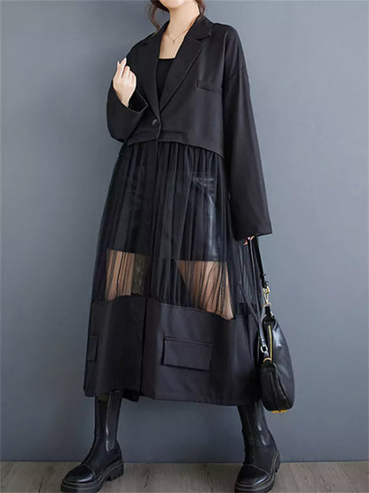 Chic Patchwork Blazer Dress with Sheer Mesh Panels
