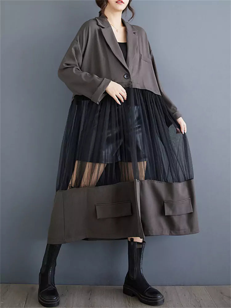 Chic Patchwork Blazer Dress with Sheer Mesh Panels