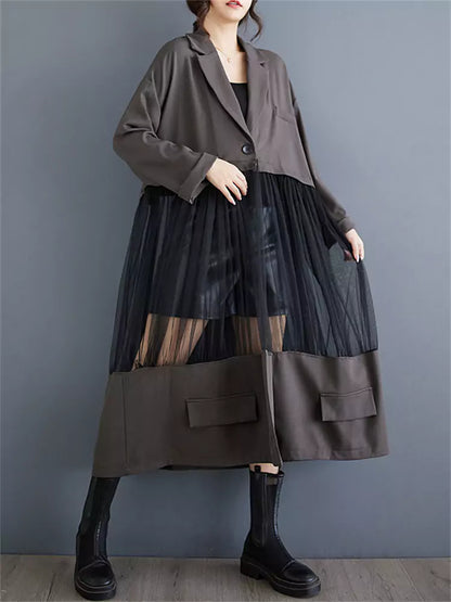 Chic Patchwork Blazer Dress with Sheer Mesh Panels