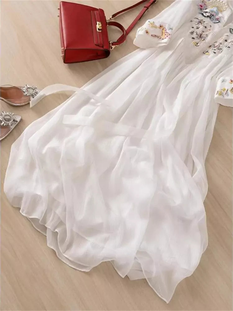 Embroidered Flowy Cotton Linen Maxi Dress