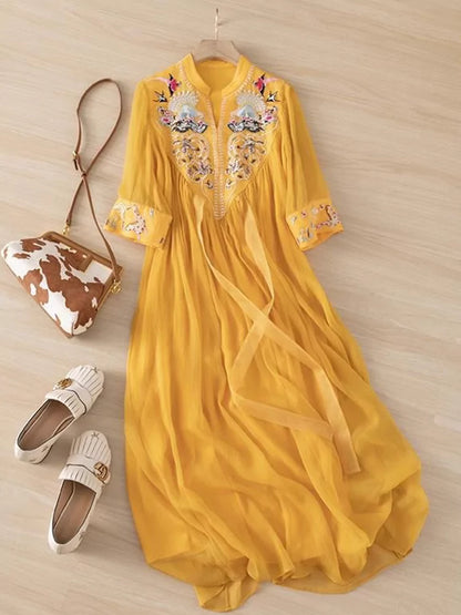 Embroidered Flowy Cotton Linen Maxi Dress